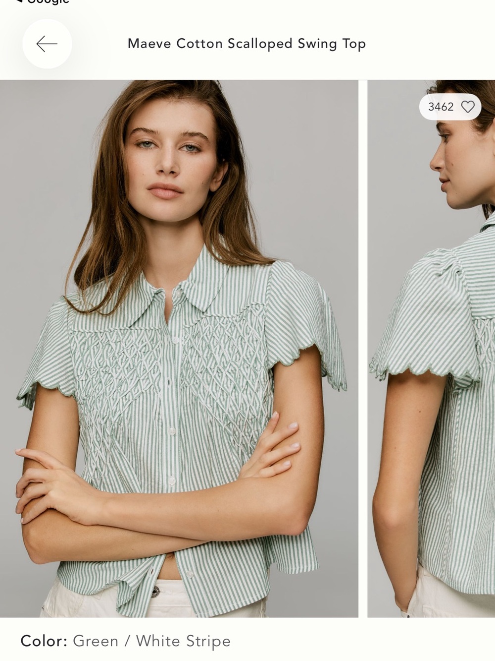 Maeve Green and White Striped Scalloped Cotton Swing Top